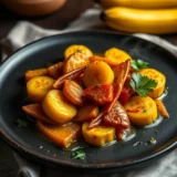 Aloko de banane plantain : cuisson dans l&rsquo;huile et sauce graine en accompagnement