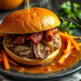 Burger pulled pork : effiloché de porc au four, sauce barbecue et oignons caramélisés
