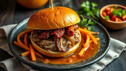 Burger pulled pork : effiloché de porc au four, sauce barbecue et oignons caramélisés