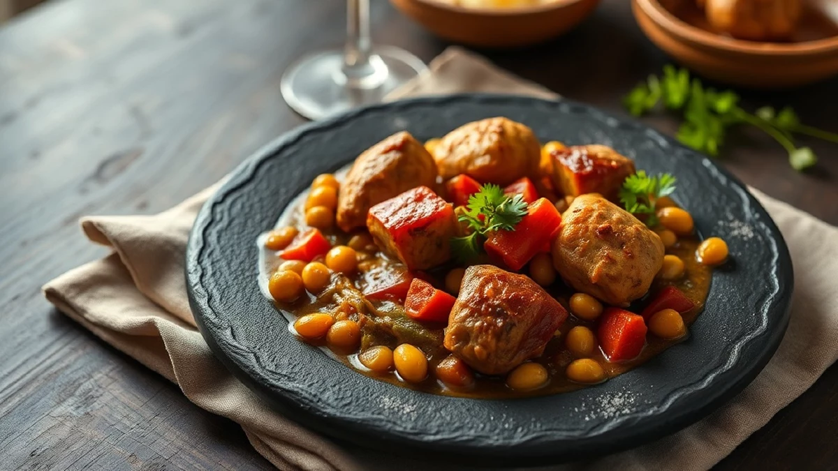 Colombo de poulet antillais avec légumes : haricots verts, aubergine et courgette