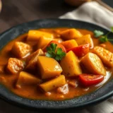 Curry massaman thaïlandais : cacahuètes, pommes de terre et lait de coco, cuisson lente