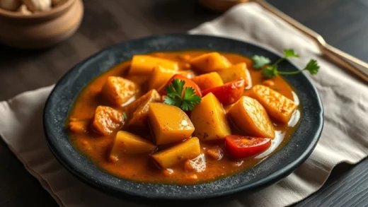 Curry massaman thaïlandais : cacahuètes, pommes de terre et lait de coco, cuisson lente