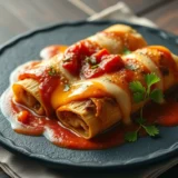 Enchiladas au poulet : sauce rouge maison, fromage et crème fraîche en garniture