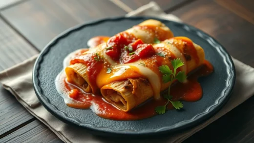Enchiladas au poulet : sauce rouge maison, fromage et crème fraîche en garniture