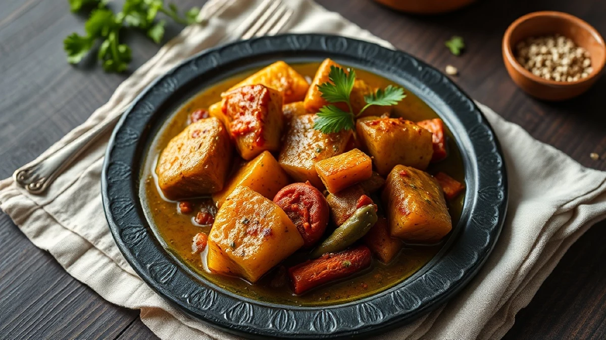 Ndolé camerounais : feuilles de ndolé, viande et crevettes séchées, préparation complète
