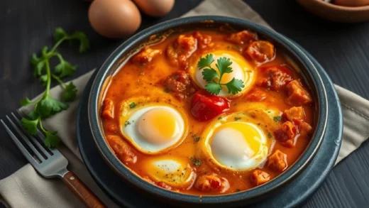 Shakshuka tunisienne : œufs pochés dans la sauce tomate épicée, version sans harissa aussi