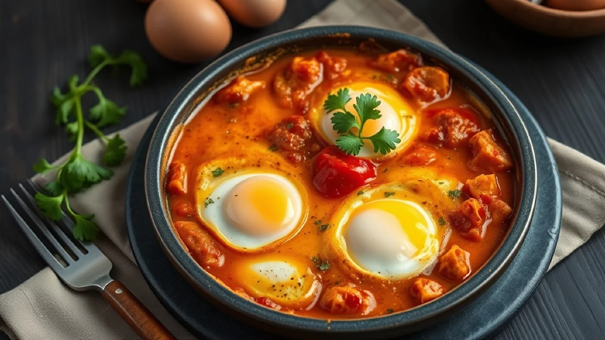 Shakshuka tunisienne : œufs pochés dans la sauce tomate épicée, version sans harissa aussi