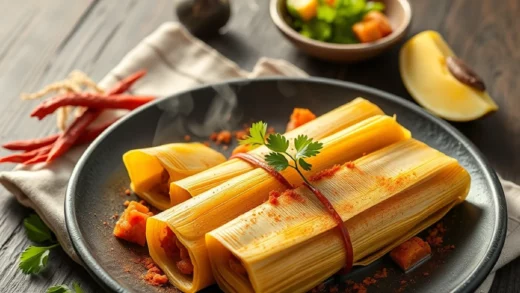 Tamales mexicains : masa de maïs, garniture porc épicé et cuisson vapeur en feuille