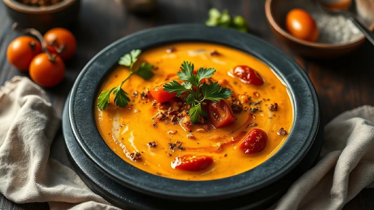 Gaspacho andalou maison : tomates mûres, concombre, poivron et vinaigrette froide