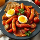Piperade basquaise maison : poivrons, tomates, œufs brouillés dedans et jambon de Bayonne