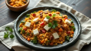 Salade de quinoa aux légumes rôtis : féta, pignons et vinaigrette balsamique