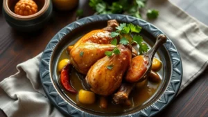 Épaule de veau confite en cocotte fermée — plat fini vu de dessus