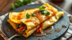 Crêpes salées garnies (pâte + 3 garnitures) — plat fini vu de dessus