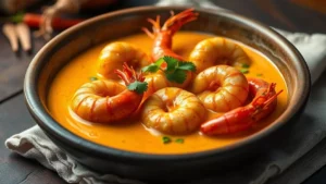 Curry thaï rouge aux crevettes et lait de coco — plat fini vu de dessus
