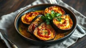 Gratin d'aubergines à la tomate — plat fini vu de dessus