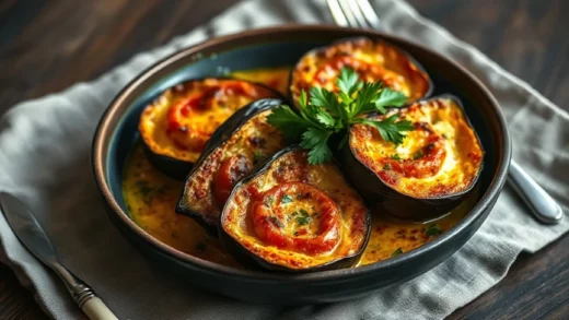 Gratin d&rsquo;aubergines à la tomate : lamelles d&rsquo;aubergines grillées, sauce tomate longue et fromage