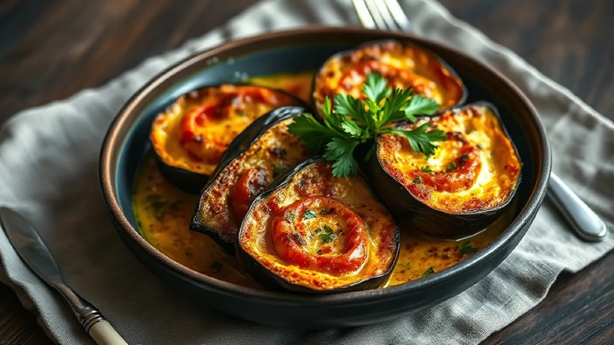 Gratin d&rsquo;aubergines à la tomate : lamelles d&rsquo;aubergines grillées, sauce tomate longue et fromage