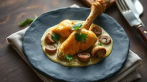 Poulet à la crème et champignons en cocotte — plat fini vu de dessus