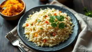 Riz basmati blanc aux grains séparés — plat fini vu de dessus