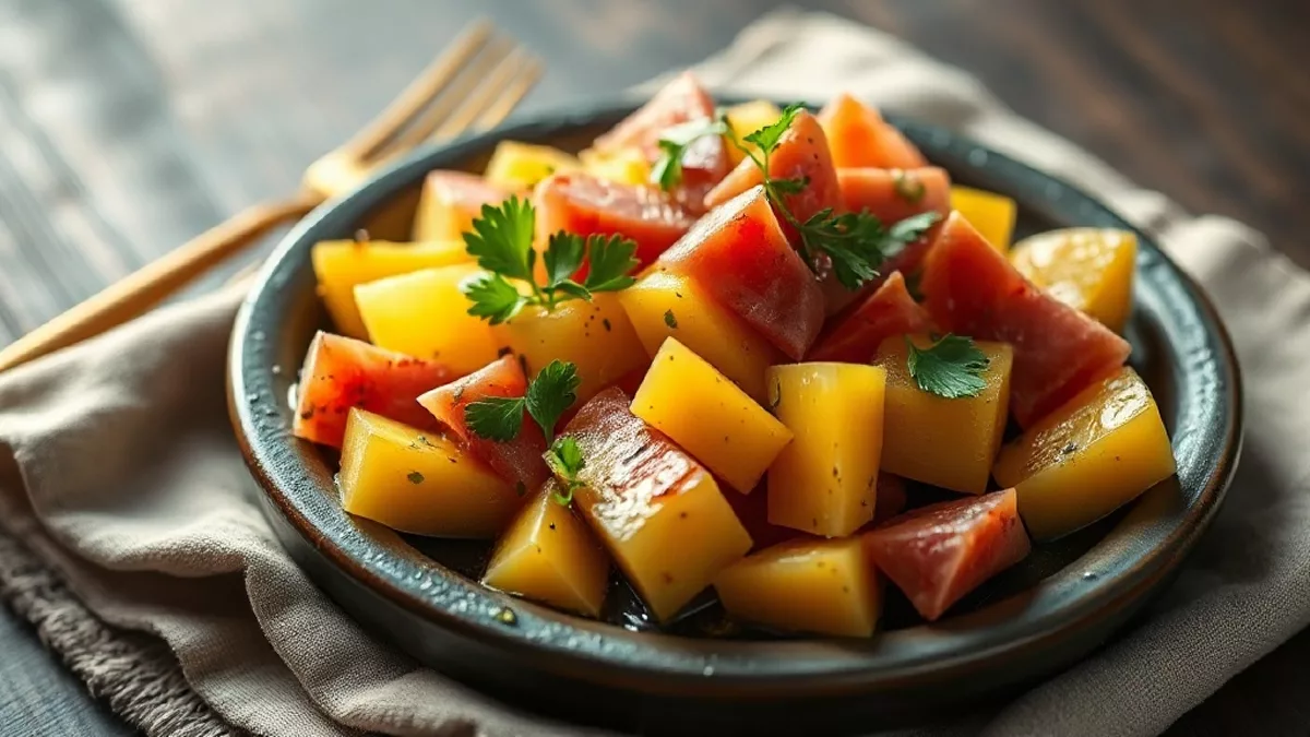 Salade de melon et jambon de Parme : vinaigrette légère, roquette et copeaux de parmesan