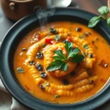 Soupe à la tomate et basilic : tomates fraîches rôties, bouillon léger et huile d&rsquo;olive