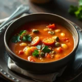 Soupe minestrone italienne maison : légumes de saison, haricots, pâtes et pecorino
