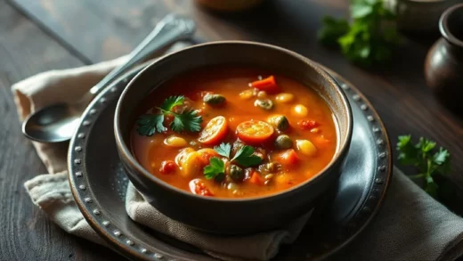 Soupe minestrone italienne maison : légumes de saison, haricots, pâtes et pecorino