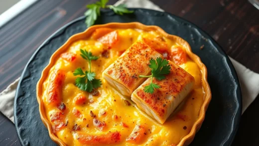 Tarte aux poireaux et saumon : appareil crème-œuf, poireaux fondus et saumon fumé
