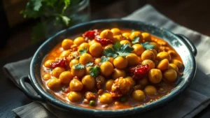 Curry de pois chiches aux épices bloom — plat fini vu de dessus