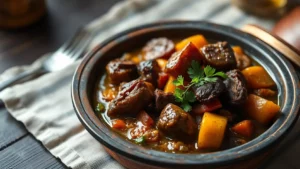 Tagine marocain viande et fruits secs — plat fini vu de dessus