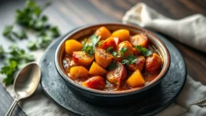 Tajine marocain aux abricots et amandes — plat fini vu de dessus