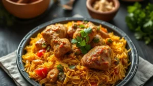Biryani indien aux épices et poulet — plat fini vu de dessus