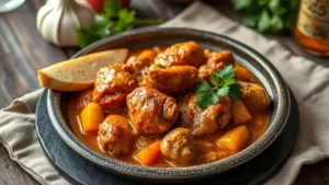 Tagine marocain au poulet et citron confit — plat fini vu de dessus